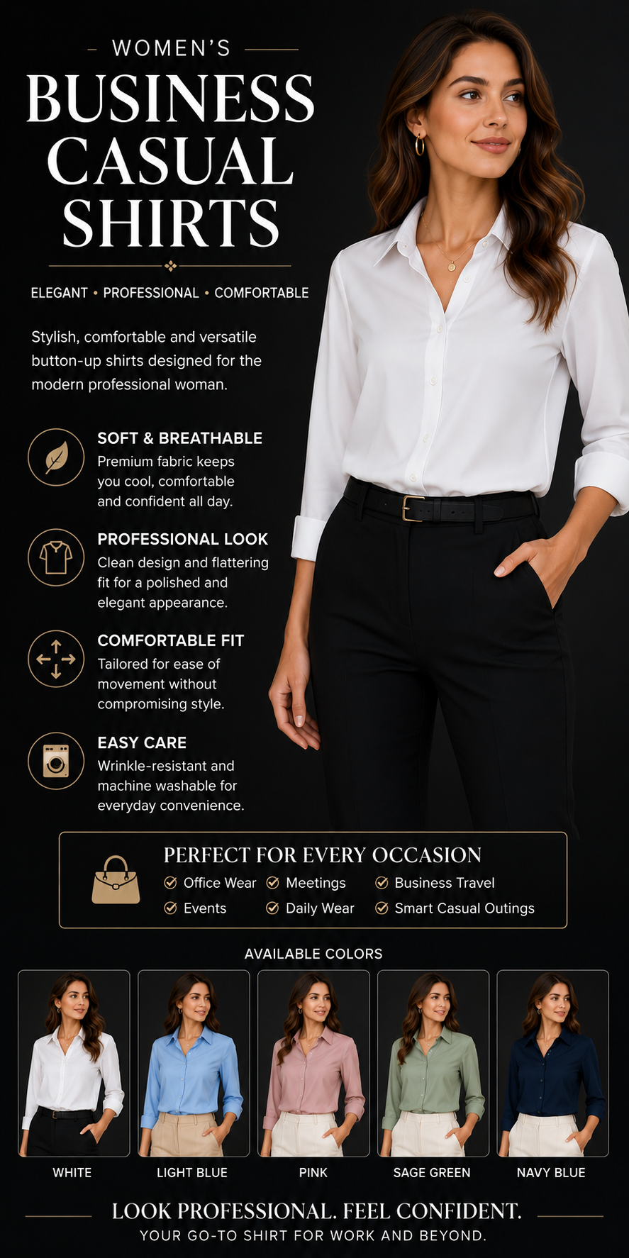 Women's Business Casual Shirts – Elegant Professional Office Blouses for Everyday Comfort